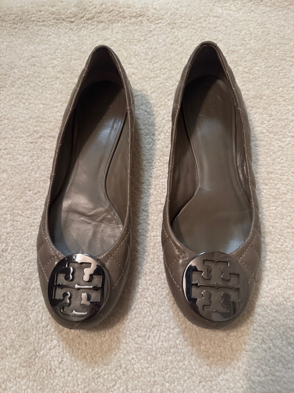 Tory Burch Quilted Taupe Leather Logo Ballet Flats